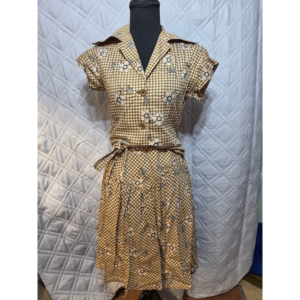 Albert Nipon Neiman Marcus Vintage Gingham Floral 2pc Wrap Skirt Set Brown Tan
